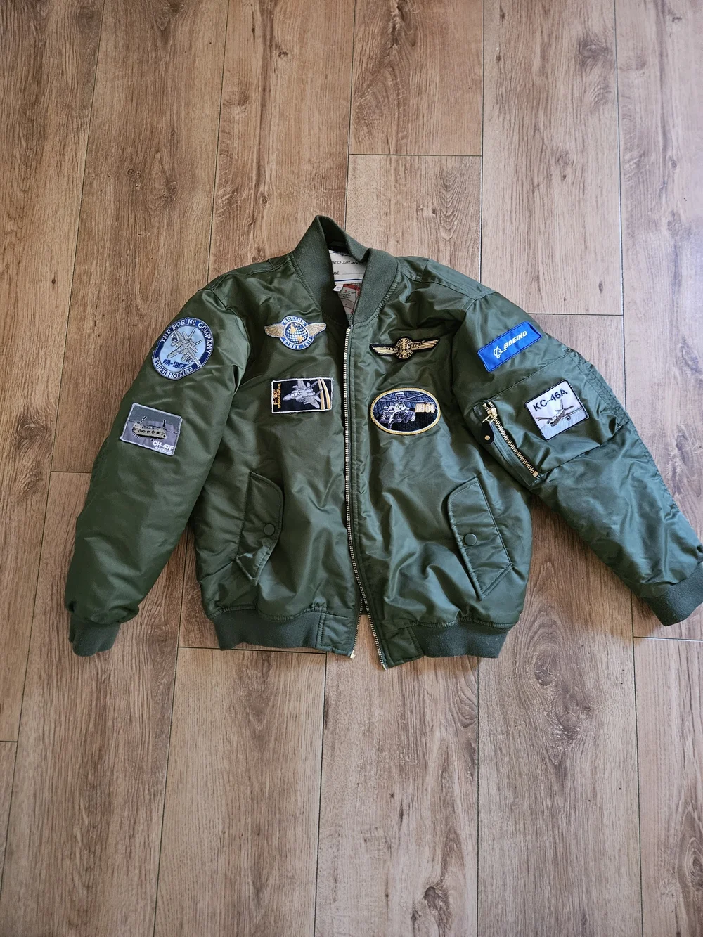 Olive Green BOEING Boys M 10/12 Bomber Jacket with Aviation Patches